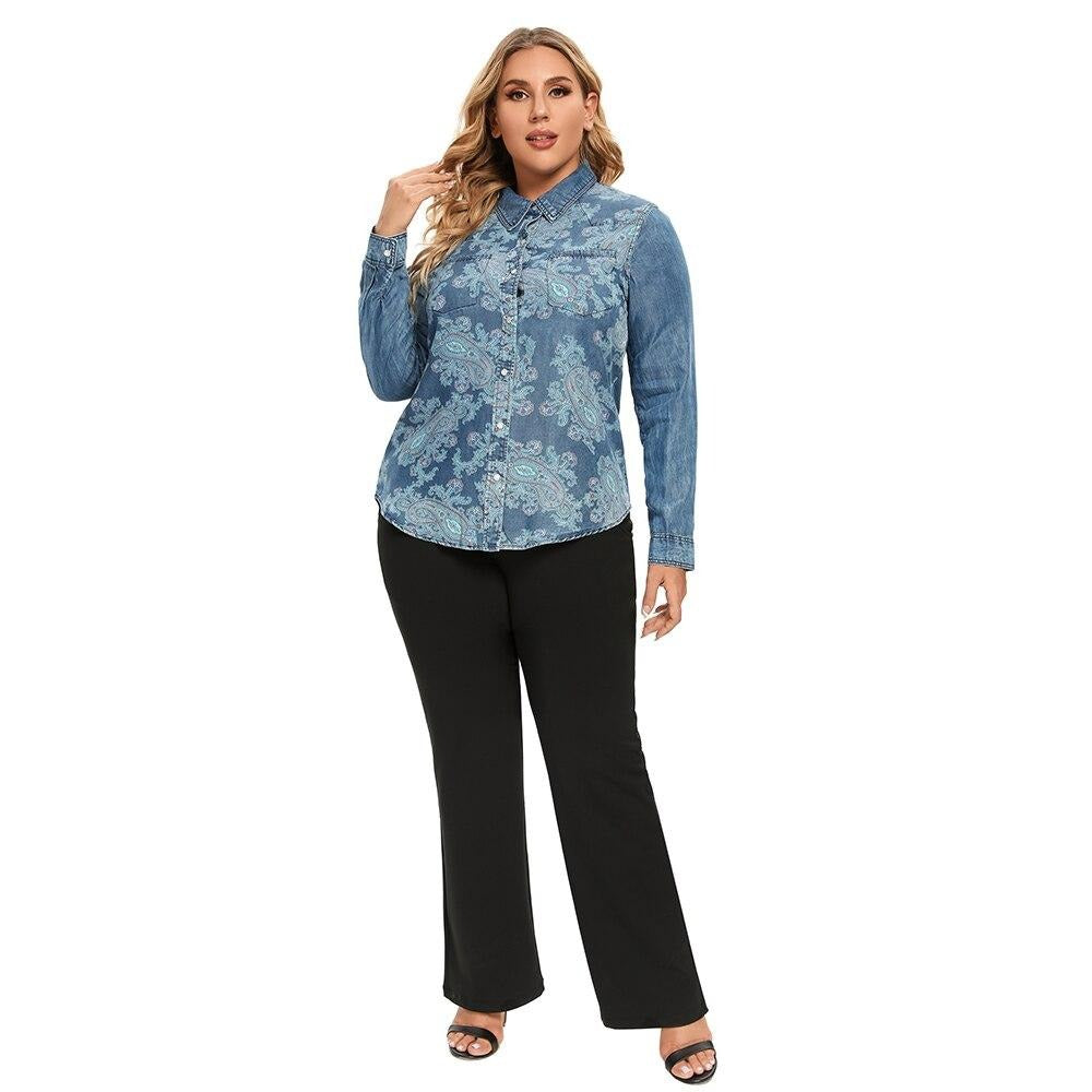 Women's Blouses Plus Size Cotton Woven Denim Shirt Button Up Long Sleeve Turn-Down Collar Female Casual Fashion Blouses