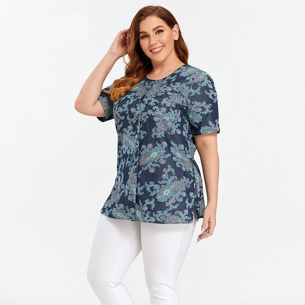 Women's Blouses Plus Size Denim Tops Shirt Summer Shirt Casual Sleeve Shirt Printed Woven Denim Short Sleeve with Sashes