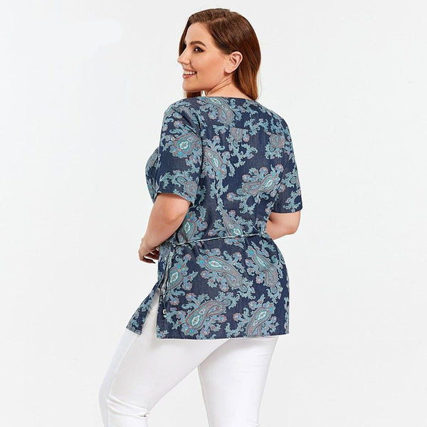 Women's Blouses Plus Size Denim Tops Shirt Summer Shirt Casual Sleeve Shirt Printed Woven Denim Short Sleeve with Sashes
