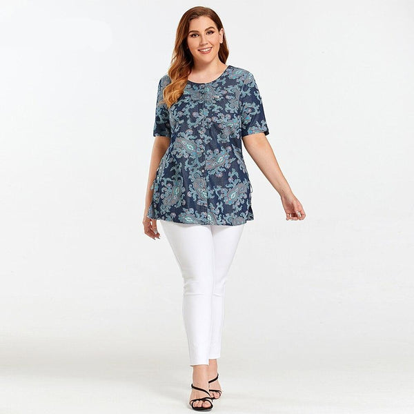 Women's Blouses Plus Size Denim Tops Shirt Summer Shirt Casual Sleeve Shirt Printed Woven Denim Short Sleeve with Sashes