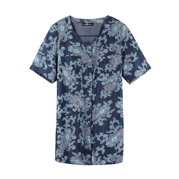 Women's Blouses Plus Size Denim Tops Shirt Summer Shirt Casual Sleeve Shirt Printed Woven Denim Short Sleeve with Sashes