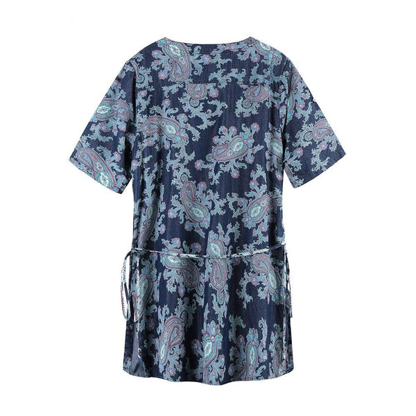 Women's Blouses Plus Size Denim Tops Shirt Summer Shirt Casual Sleeve Shirt Printed Woven Denim Short Sleeve with Sashes