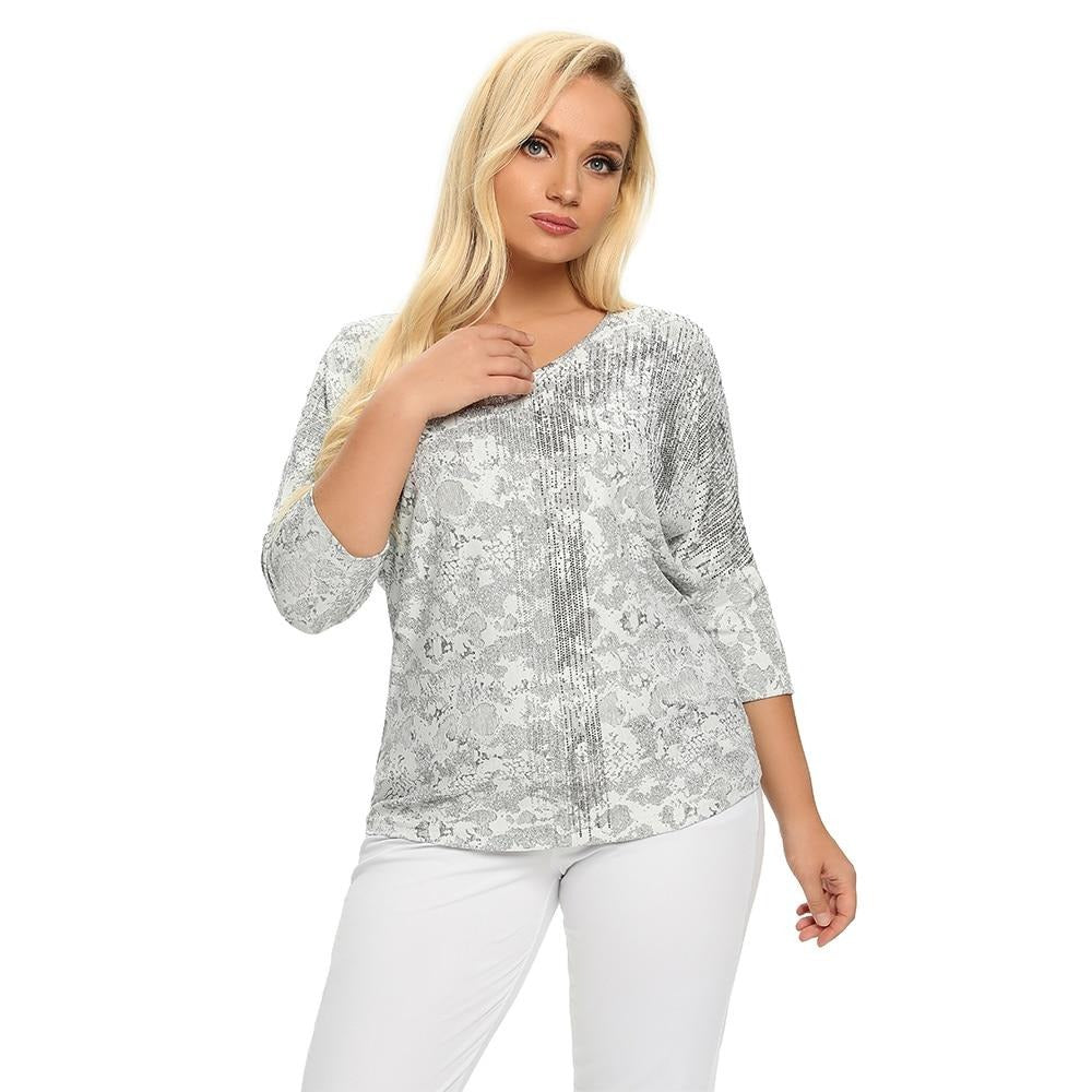 Women's Plus Size Summer Polyester Belt Stretch 3/4 Sleeve V-neck T-shirt With Sequins Casual Loose Top