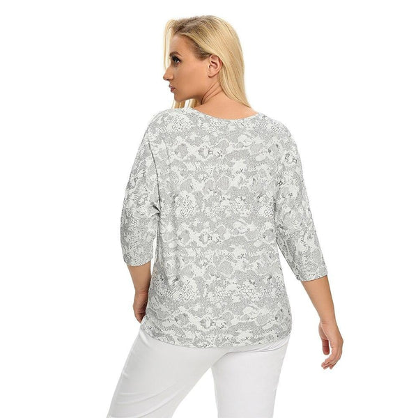 Women's Plus Size Summer Polyester Belt Stretch 3/4 Sleeve V-neck T-shirt With Sequins Casual Loose Top