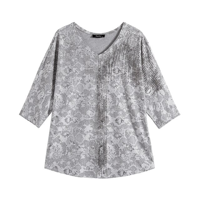 Women's Plus Size Summer Polyester Belt Stretch 3/4 Sleeve V-neck T-shirt With Sequins Casual Loose Top