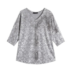 Women's Plus Size Summer Polyester Belt Stretch 3/4 Sleeve V-neck T-shirt With Sequins Casual Loose Top