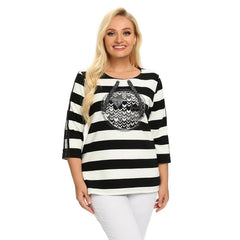 Women's Plus Size Spring Polyester Striped Printed T-shirt with Sequins And Elastic Round Neck Casual Top