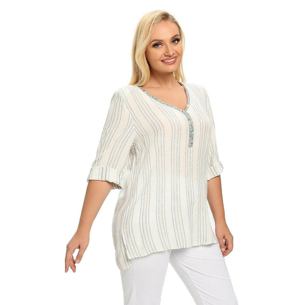 Women's Plus Size Spring And Summer Striped Cotton Top With Sequined V-Neck Casual Top