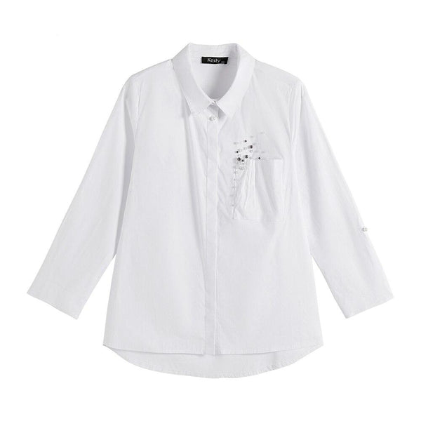 Women's  Plus Size Spring Shirt With Elastic Beaded Lapel Tie Button Casual Top