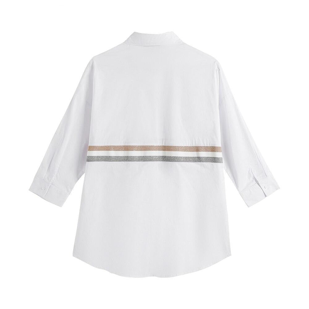 Women's Plus Size Spring Shirt With Elastic Lapel Tie Button With Sequin Casual Top