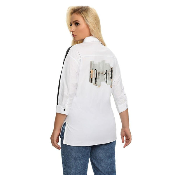 Women's Plus Size Spring Shirt With Elastic Lapel Tie Buttons Casual Printed Character Pattern Blouse