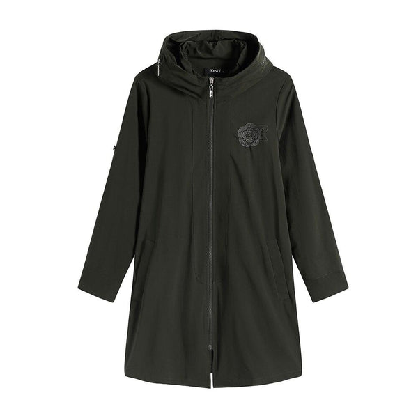 Women's Plus Size Windbreaker Mid-Length Hooded Jacket Spring And Autumn Loose Zipper Print Windbreaker