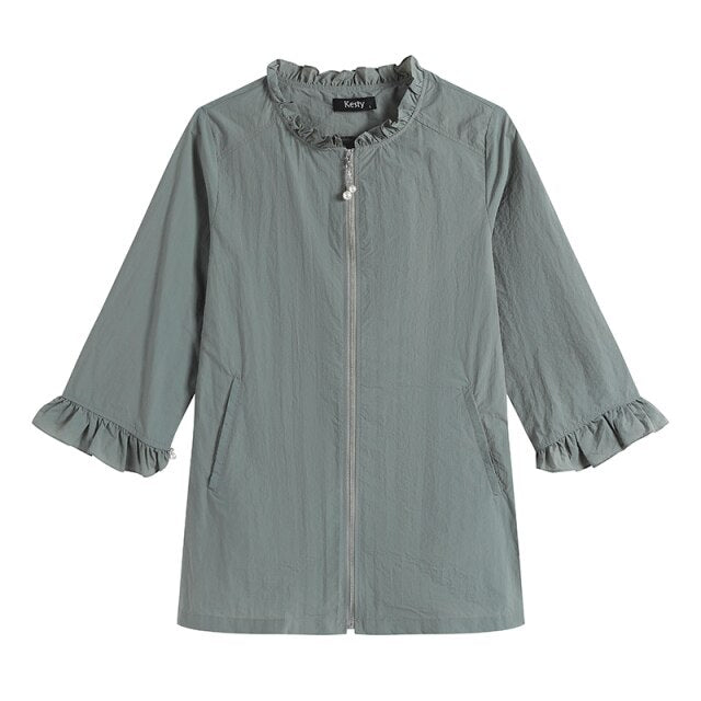 Women's Plus Size Windbreaker Mid-Length Round Neck Jacket Spring And Autumn Loose Zipper Windbreaker