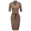 Womens Short Sleeves V-Neck Buttons Slim Fitting Bodycon Pencil Dress Straight