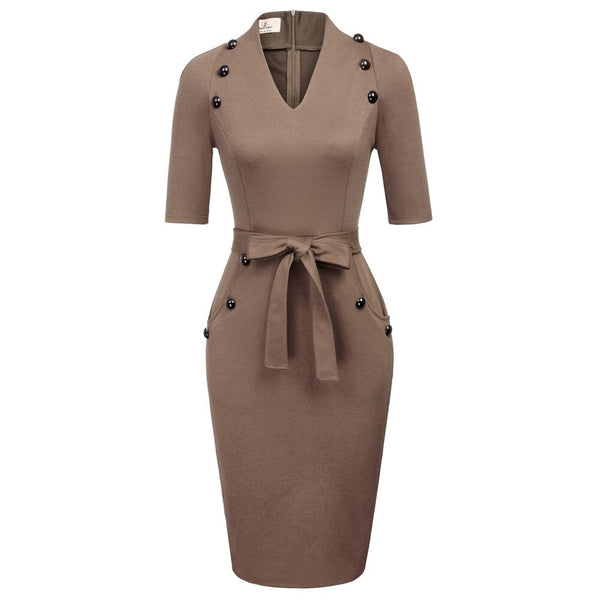 Womens Short Sleeves V-Neck Buttons Slim Fitting Bodycon Pencil Dress Straight