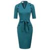 Womens Short Sleeves V-Neck Buttons Slim Fitting Bodycon Pencil Dress Straight