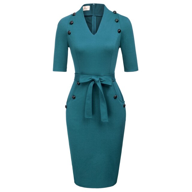 Womens Short Sleeves V-Neck Buttons Slim Fitting Bodycon Pencil Dress Straight