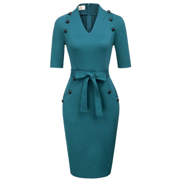 Womens Short Sleeves V-Neck Buttons Slim Fitting Bodycon Pencil Dress Straight