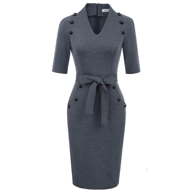 Womens Short Sleeves V-Neck Buttons Slim Fitting Bodycon Pencil Dress Straight