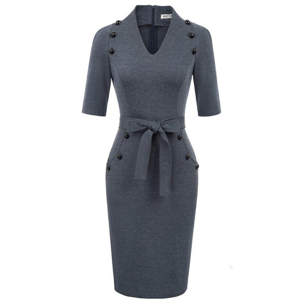 Womens Short Sleeves V-Neck Buttons Slim Fitting Bodycon Pencil Dress Straight