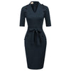 Womens Short Sleeves V-Neck Buttons Slim Fitting Bodycon Pencil Dress Straight