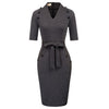Womens Short Sleeves V-Neck Buttons Slim Fitting Bodycon Pencil Dress Straight