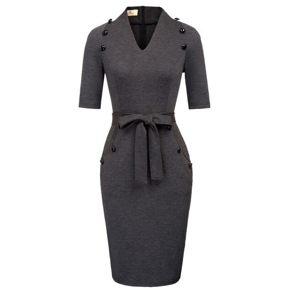 Womens Short Sleeves V-Neck Buttons Slim Fitting Bodycon Pencil Dress Straight