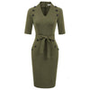 Womens Short Sleeves V-Neck Buttons Slim Fitting Bodycon Pencil Dress Straight