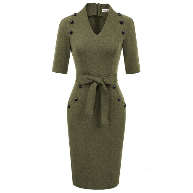 Womens Short Sleeves V-Neck Buttons Slim Fitting Bodycon Pencil Dress Straight
