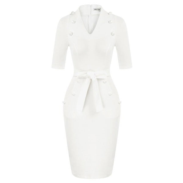 Womens Short Sleeves V-Neck Buttons Slim Fitting Bodycon Pencil Dress Straight