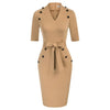 Womens Short Sleeves V-Neck Buttons Slim Fitting Bodycon Pencil Dress Straight