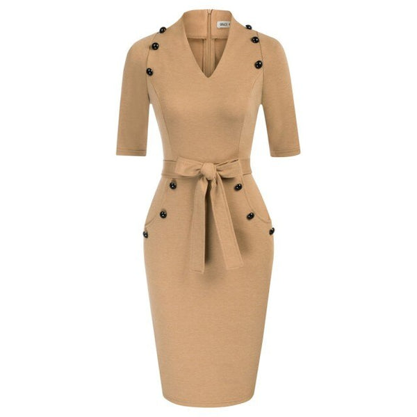 Womens Short Sleeves V-Neck Buttons Slim Fitting Bodycon Pencil Dress Straight