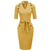 Womens Short Sleeves V-Neck Buttons Slim Fitting Bodycon Pencil Dress Straight