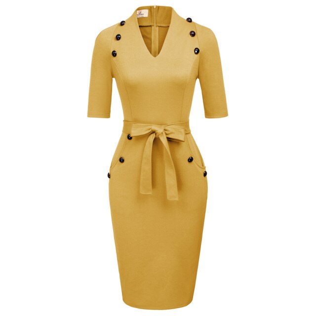 Womens Short Sleeves V-Neck Buttons Slim Fitting Bodycon Pencil Dress Straight