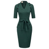 Womens Short Sleeves V-Neck Buttons Slim Fitting Bodycon Pencil Dress Straight