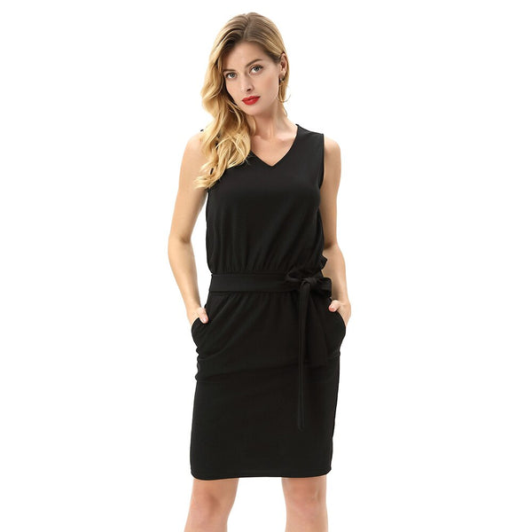 Elastic Dress Hips-wrapped No lining Women's Pencil Sleeveless V-Neck Belt