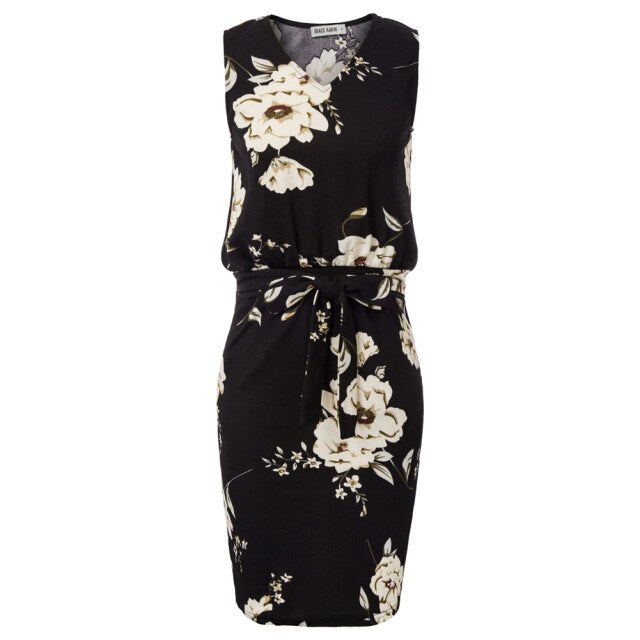 Elastic Dress Hips-wrapped No lining Women's Pencil Sleeveless V-Neck Belt