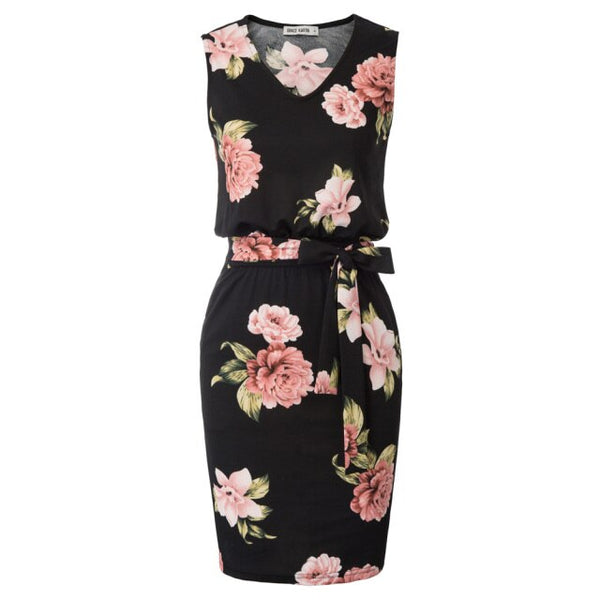 Elastic Dress Hips-wrapped No lining Women's Pencil Sleeveless V-Neck Belt