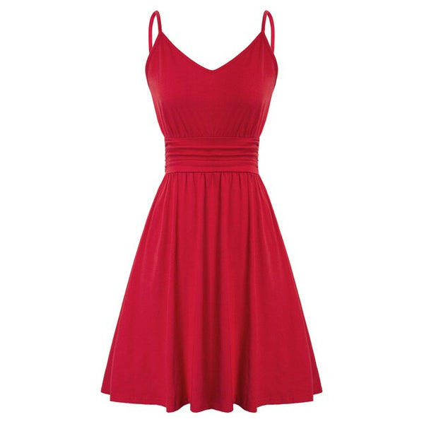 Summer Women Dresses Fashion Short Dress Spaghetti Straps V-Neck Pleated Waist A-Line Sexy Solid Ruched Slim A Line Swing Dress