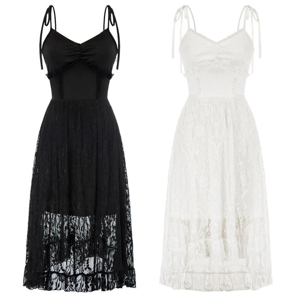 Women Dresses Lace Patchwork Dress Summer Sexy Ruched Spaghetti Straps V-Neck Flared A-Line Party Club Evening Short Mini Dress