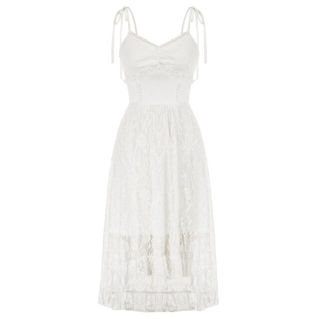 Women Dresses Lace Patchwork Dress Summer Sexy Ruched Spaghetti Straps V-Neck Flared A-Line Party Club Evening Short Mini Dress