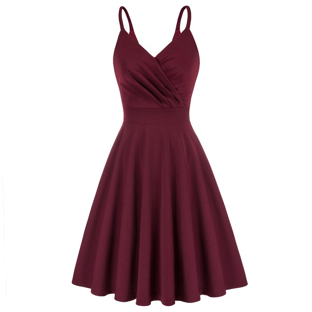 Grace Karin Women V-Neck Cami Dress Summer Sexy U-Back Pleated Bodice Flared A-Line Knee Length Swing Dress Cocktail Party Lady