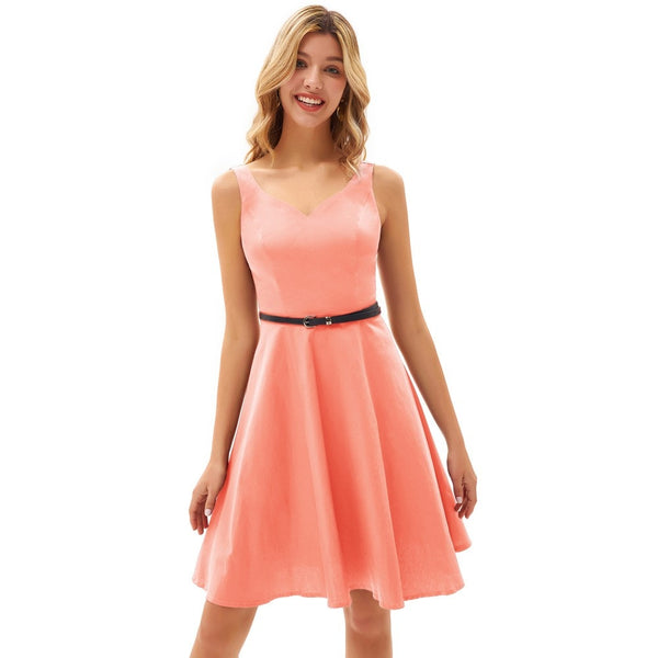 Grace Karin Women V-Neck Dress With Belt Sleeveless U-Back Flared A-Line Cotton Dress Elegant Evening Party Formal Dress Ladies