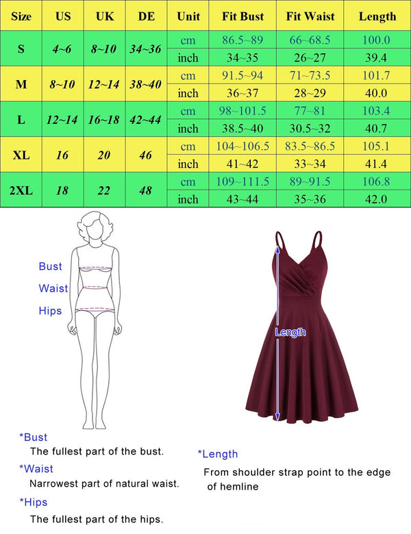 Grace Karin Women V-Neck Cami Dress Summer Sexy U-Back Pleated Bodice Flared A-Line Knee Length Swing Dress Cocktail Party Lady