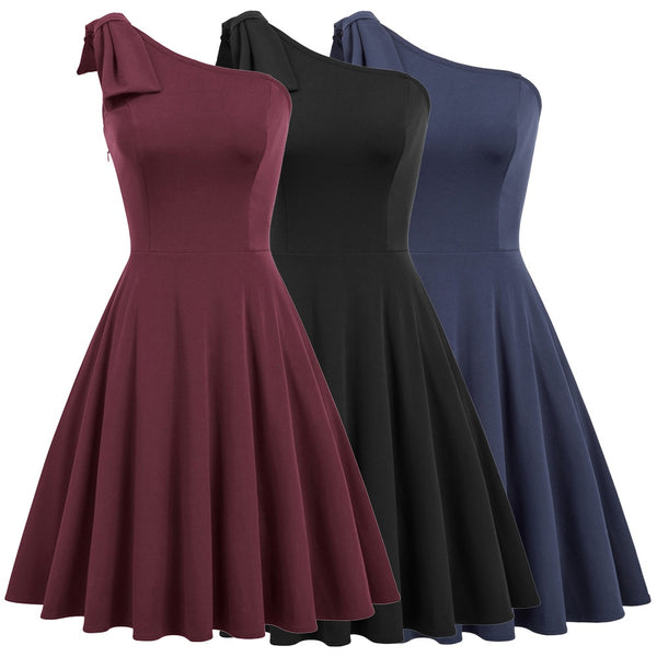 Sexy Women Bow-Knot dress Asymmetric One Shoulder Flared A-Line Dress elegant pure color knee length evening party dresses lady