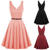 Grace Karin Women V-Neck Dress With Belt Sleeveless U-Back Flared A-Line Cotton Dress Elegant Evening Party Formal Dress Ladies