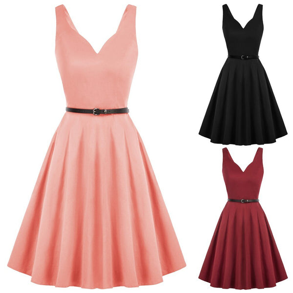 Grace Karin Women V-Neck Dress With Belt Sleeveless U-Back Flared A-Line Cotton Dress Elegant Evening Party Formal Dress Ladies
