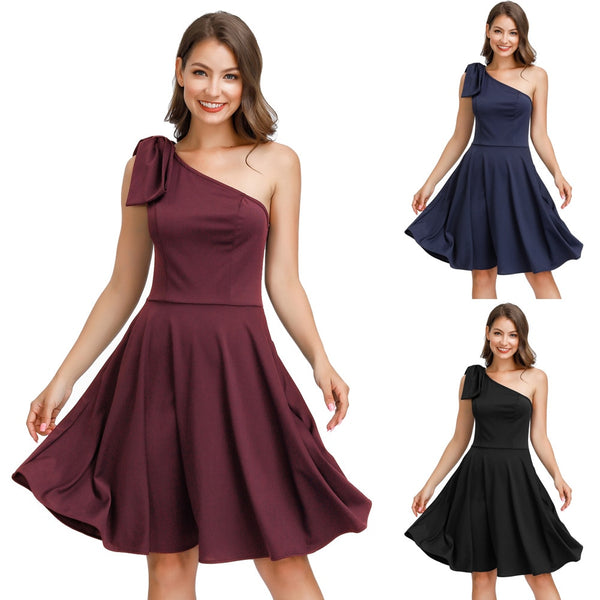 Sexy Women Bow-Knot dress Asymmetric One Shoulder Flared A-Line Dress elegant pure color knee length evening party dresses lady
