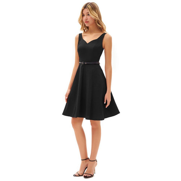 Grace Karin Women V-Neck Dress With Belt Sleeveless U-Back Flared A-Line Cotton Dress Elegant Evening Party Formal Dress Ladies