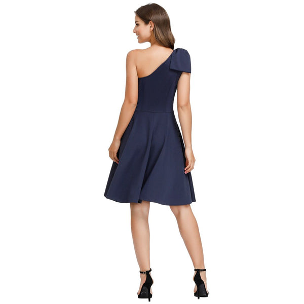 Sexy Women Bow-Knot dress Asymmetric One Shoulder Flared A-Line Dress elegant pure color knee length evening party dresses lady